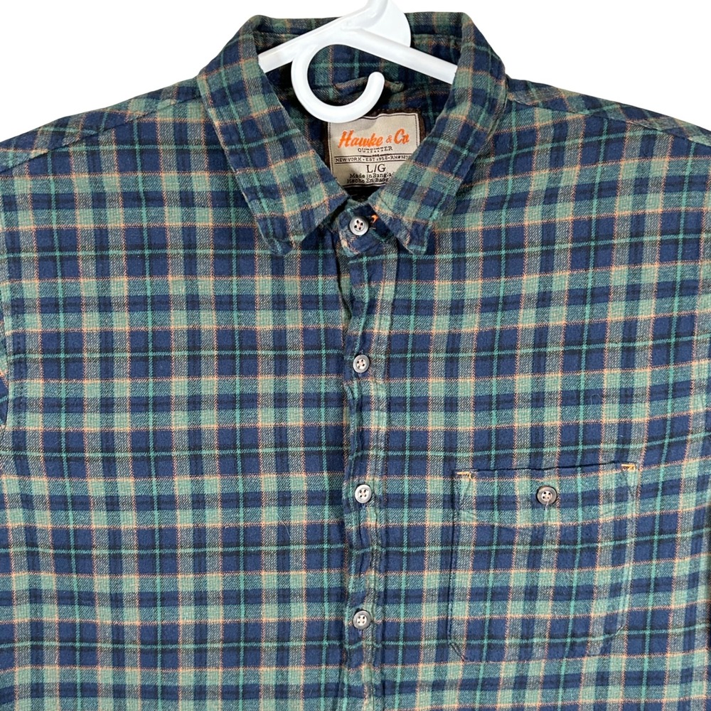 Hawke & Co Outfitter Mens Large Green Navy Plaid Flannel Button Down‎